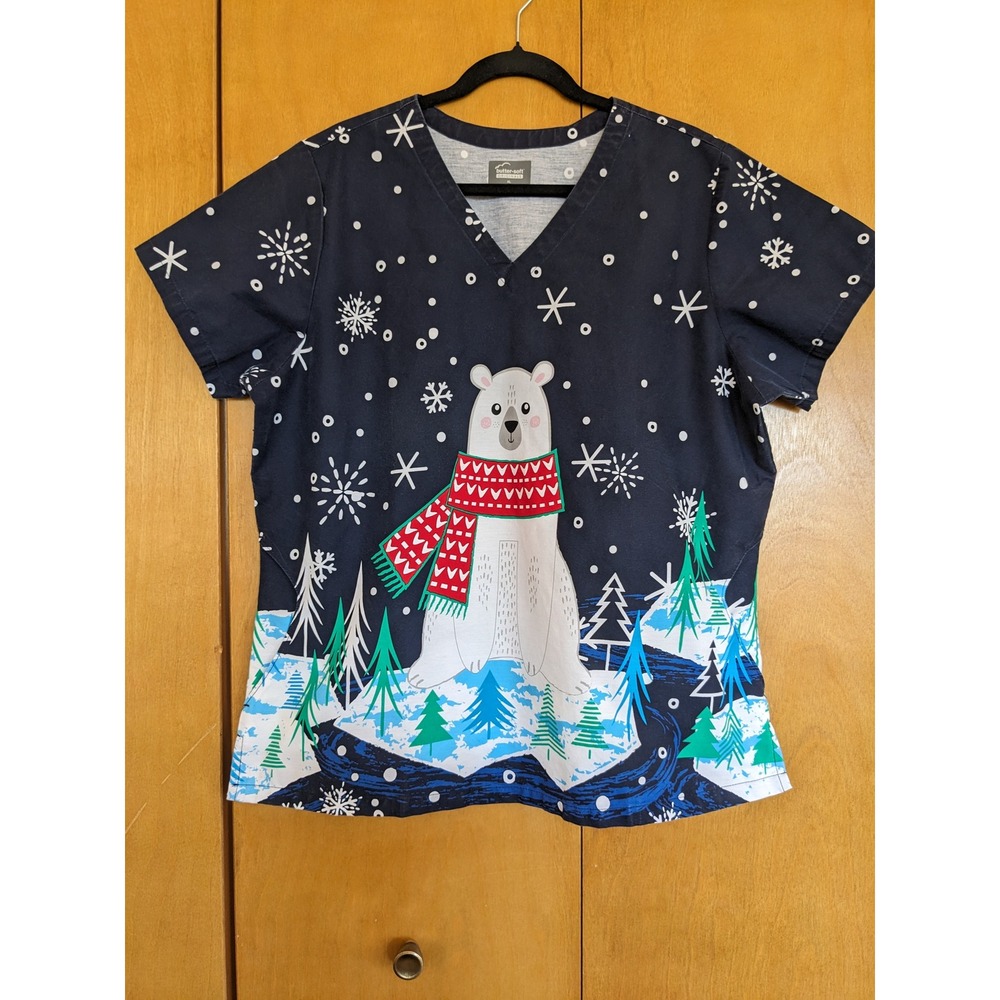 Butter-Soft Originals Polar Bear Winter Scrub Top Navy Blue XL H1212